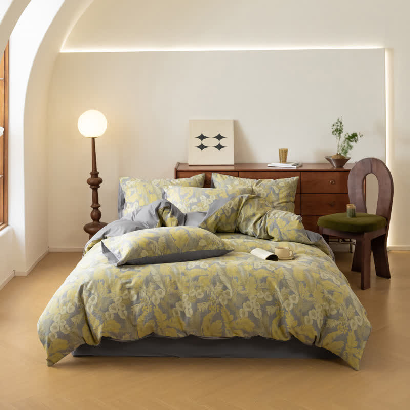 Bettwäscheset aus reinem Baumwolljacquard mit Retro-Blumenmuster (4-teilig)