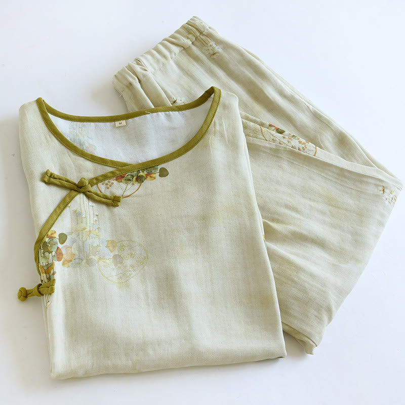 Gewebtes Loungewear-Set mit kurzen Ärmeln und Blumenmuster
