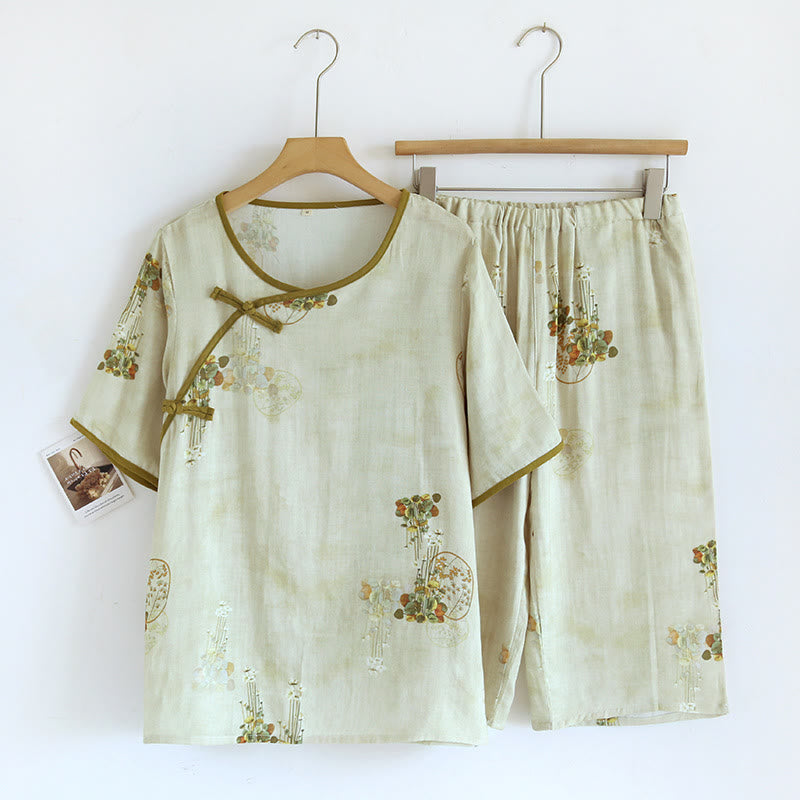 Gewebtes Loungewear-Set mit kurzen Ärmeln und Blumenmuster