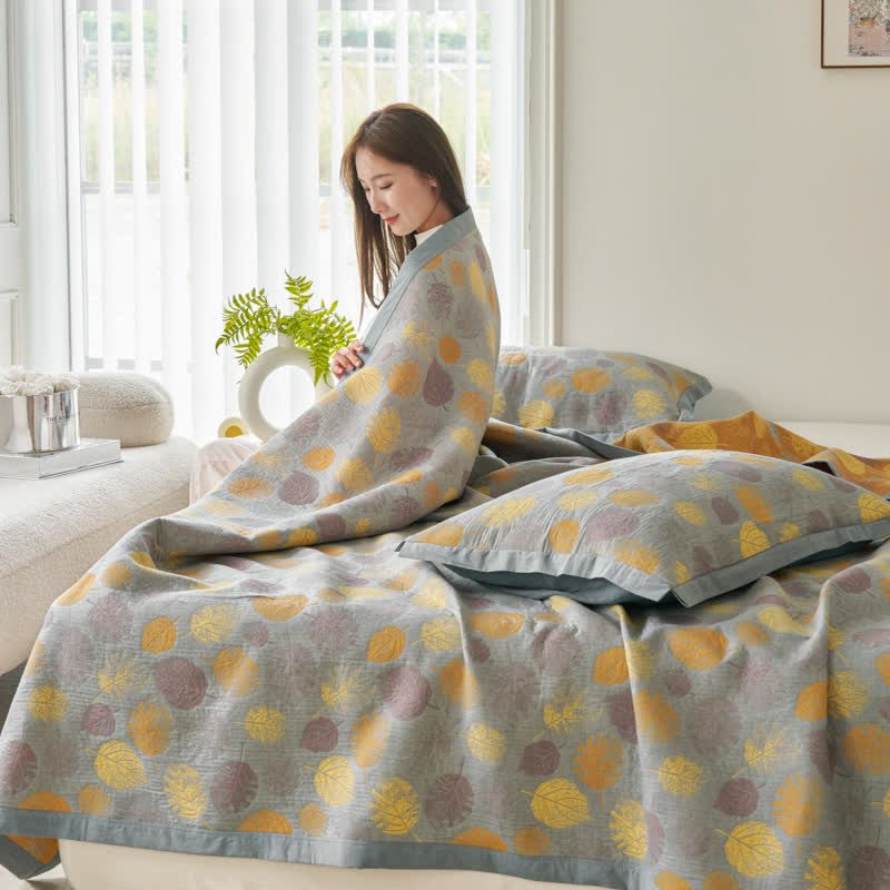 Wendesteppdecke aus Baumwollgaze-Jacquard mit Blättern