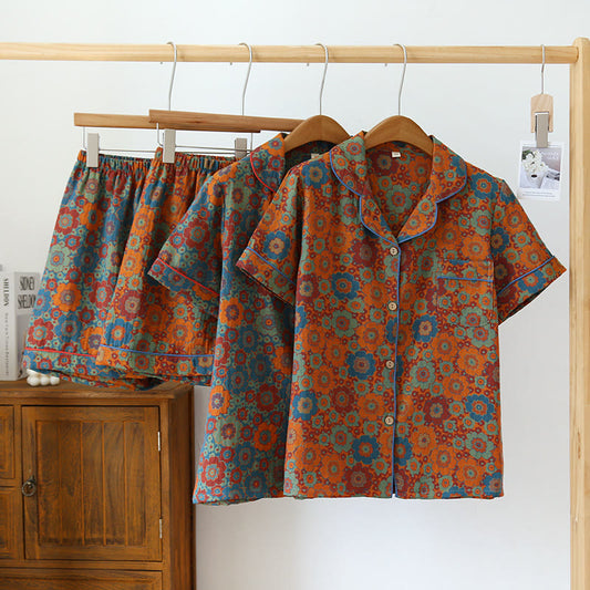 Vintage-Pyjama-Set mit Kurzarmshorts aus reiner Baumwolle