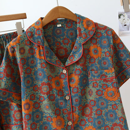 Vintage-Pyjama-Set mit Kurzarmshorts aus reiner Baumwolle