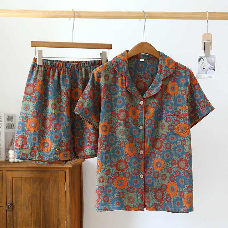 Vintage-Pyjama-Set mit Kurzarmshorts aus reiner Baumwolle