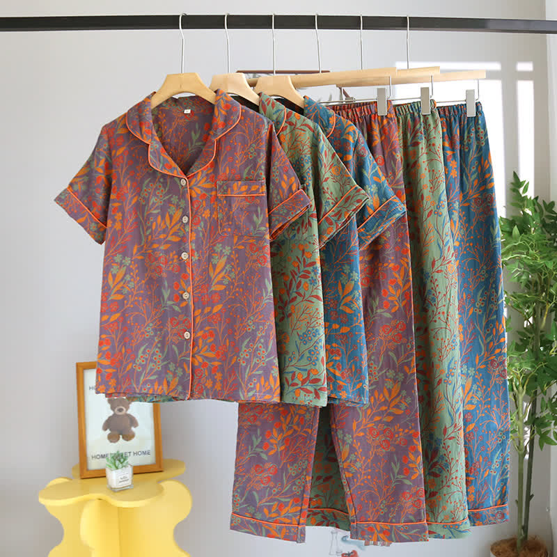 Kurzarm-Pyjama-Set mit Retro-Blattmuster