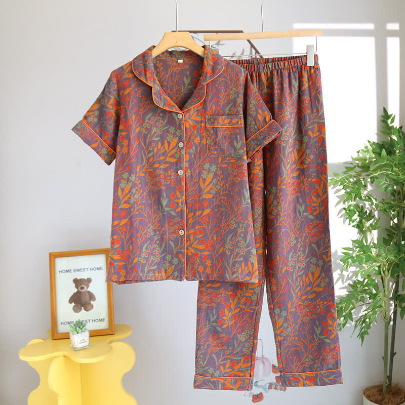 Kurzarm-Pyjama-Set mit Retro-Blattmuster