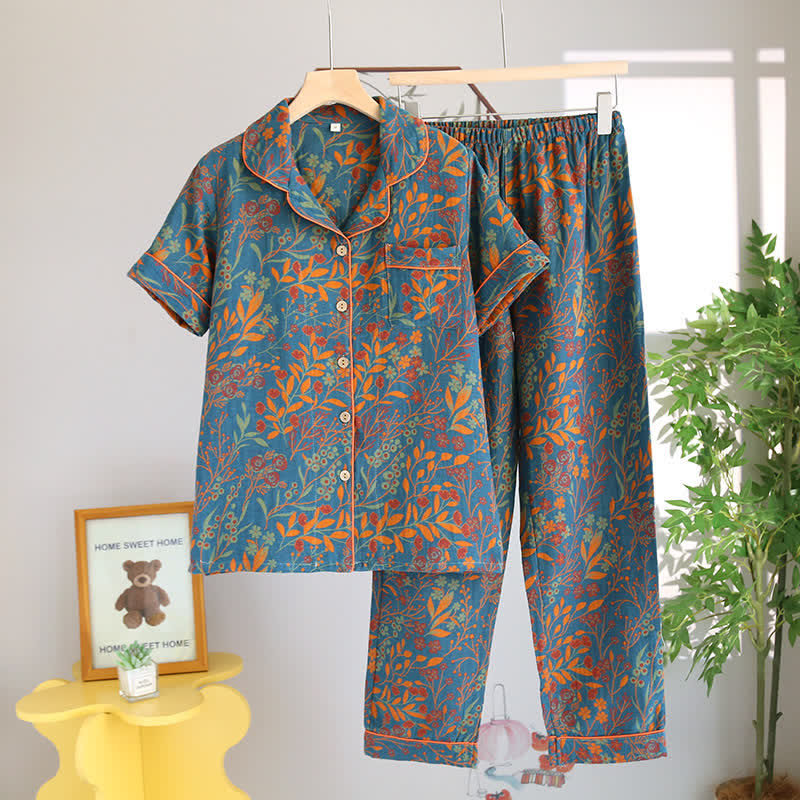 Kurzarm-Pyjama-Set mit Retro-Blattmuster