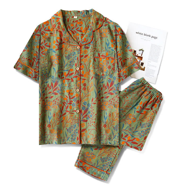 Kurzarm-Pyjama-Set mit Retro-Blattmuster