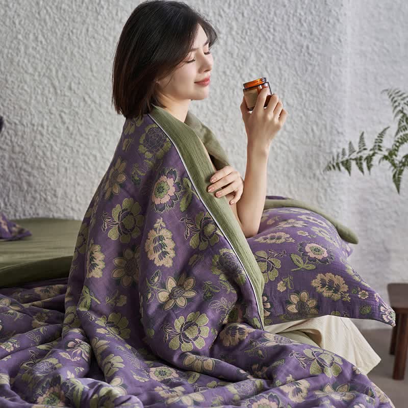 Jacquard-Steppdecke aus reiner Baumwollgaze mit Blumenmuster