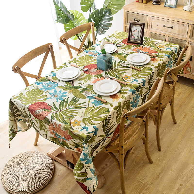 Tischdecke aus reiner Baumwolle mit tropischem Regenwald-Monstera-Motiv