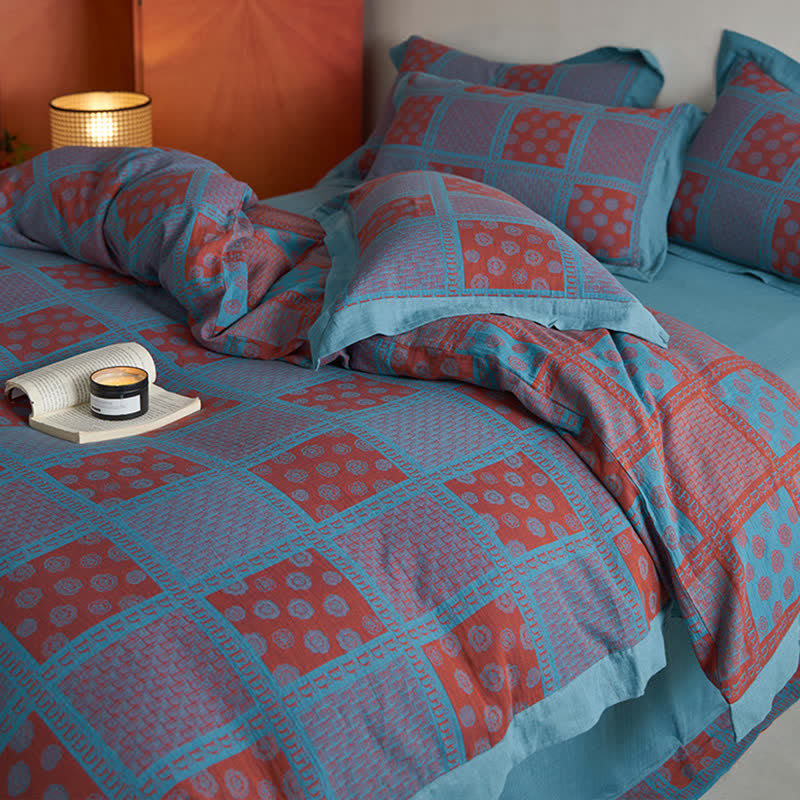 Bettwäscheset aus Baumwollgaze mit Retro-Quadratdruck (4-teilig)