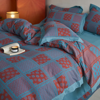 Bettwäscheset aus Baumwollgaze mit Retro-Quadratdruck (4-teilig)