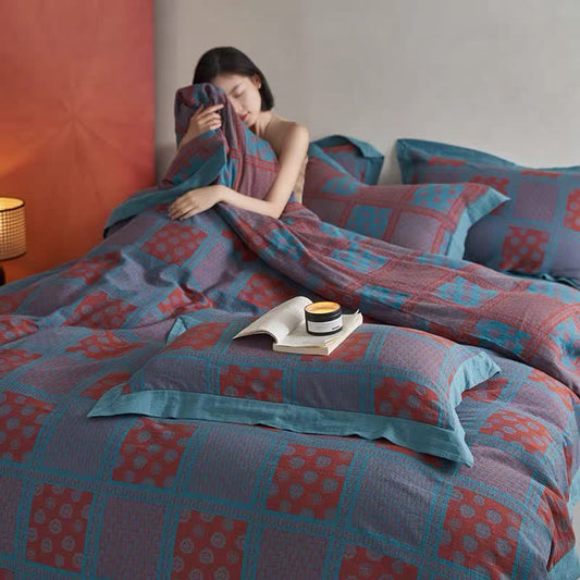Bettwäscheset aus Baumwollgaze mit Retro-Quadratdruck (4-teilig)