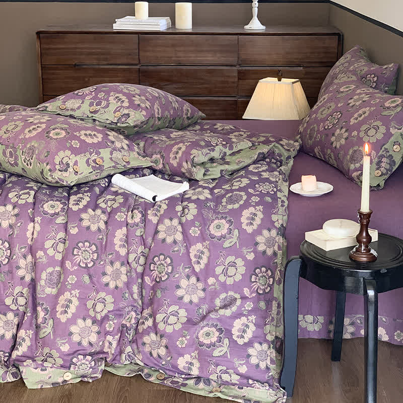 Bettwäscheset mit Knöpfen und Blumenmuster aus Baumwollgaze (4-teilig)