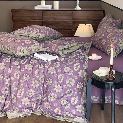 Bettwäscheset mit Knöpfen und Blumenmuster aus Baumwollgaze (4-teilig)