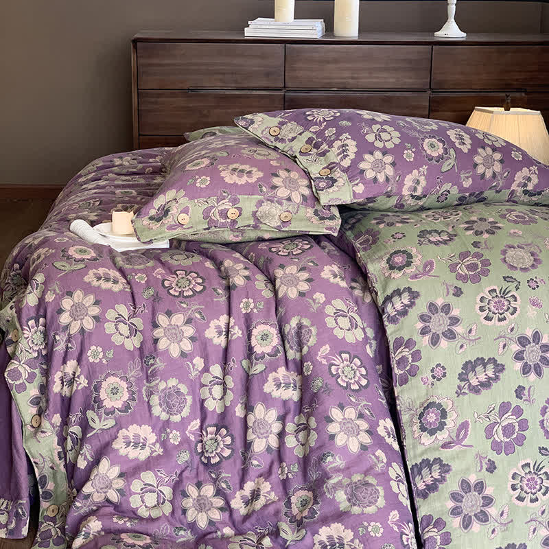 Bettwäscheset mit Knöpfen und Blumenmuster aus Baumwollgaze (4-teilig)