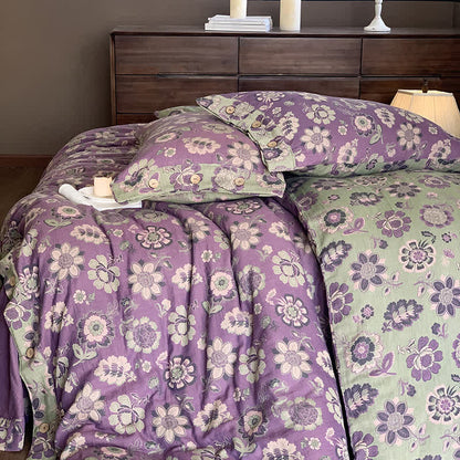 Bettwäscheset mit Knöpfen und Blumenmuster aus Baumwollgaze (4-teilig)