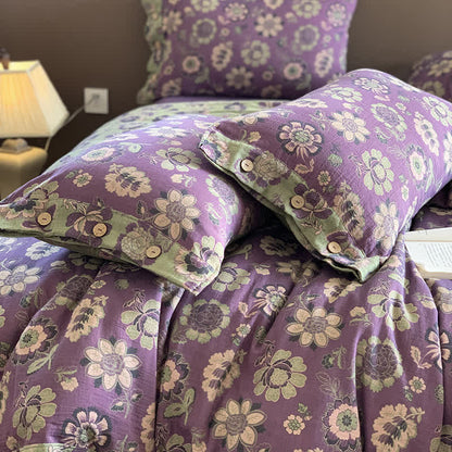 Bettwäscheset mit Knöpfen und Blumenmuster aus Baumwollgaze (4-teilig)