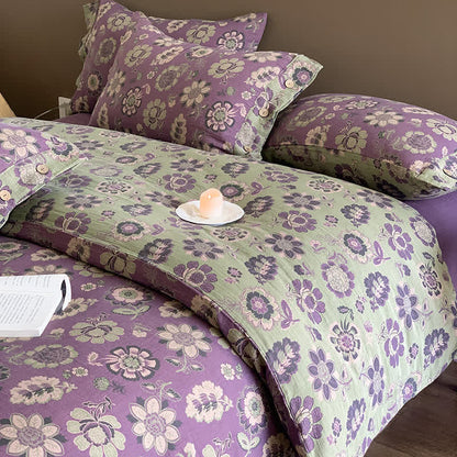 Bettwäscheset mit Knöpfen und Blumenmuster aus Baumwollgaze (4-teilig)
