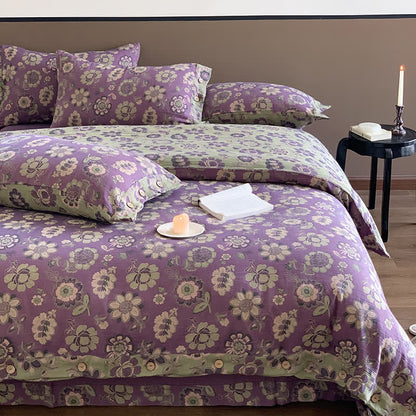 Bettwäscheset mit Knöpfen und Blumenmuster aus Baumwollgaze (4-teilig)