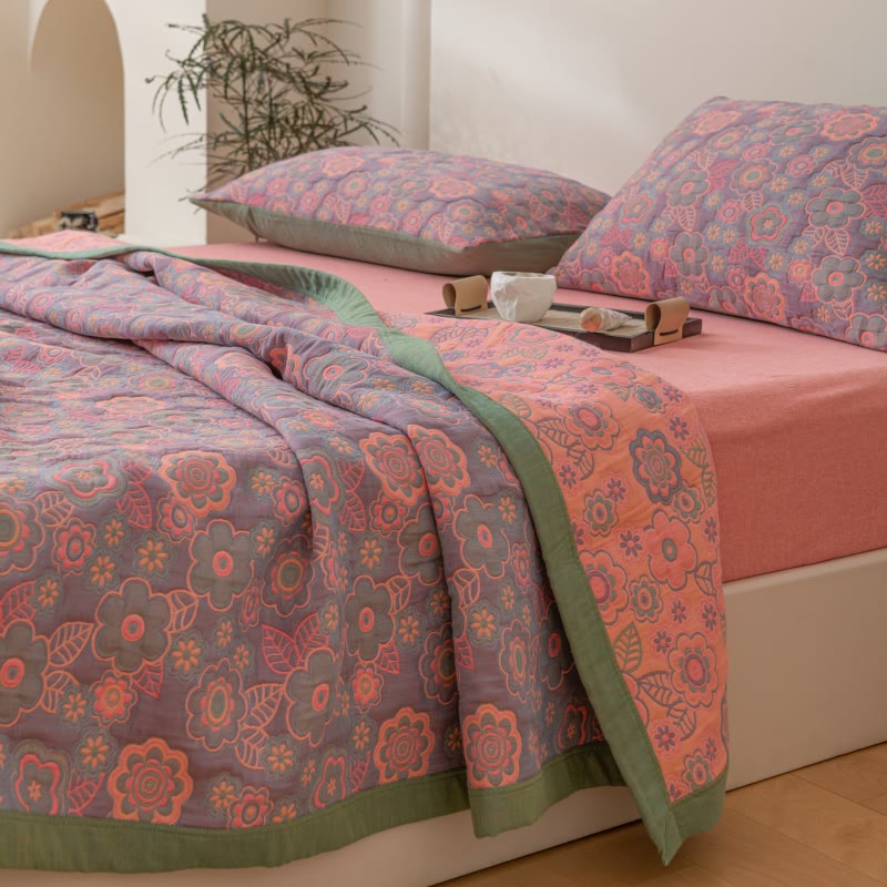 Wendesteppdecke aus Baumwollgaze mit Blumen-Jacquardmuster