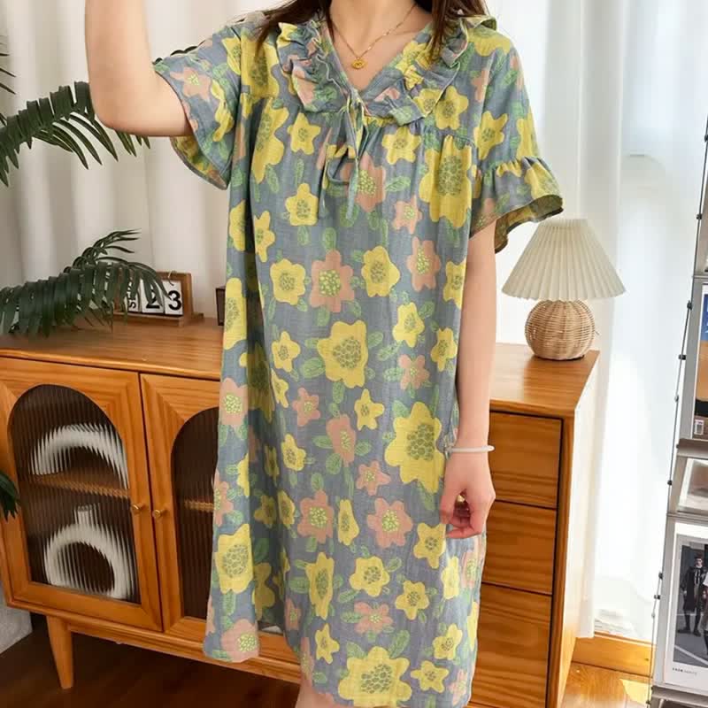Süßes, atmungsaktives Nachthemd aus reiner Baumwolle mit Blumenmuster