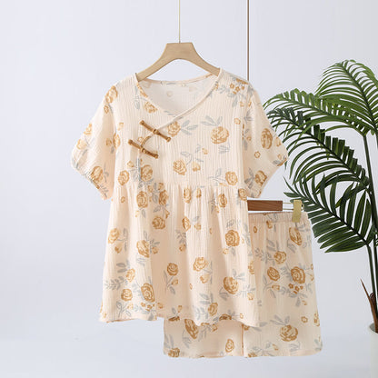 Rustikales Pyjama-Set aus Baumwollgaze mit Rosenmuster