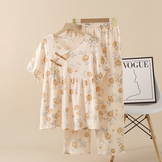 Rustikales Pyjama-Set aus Baumwollgaze mit Rosenmuster