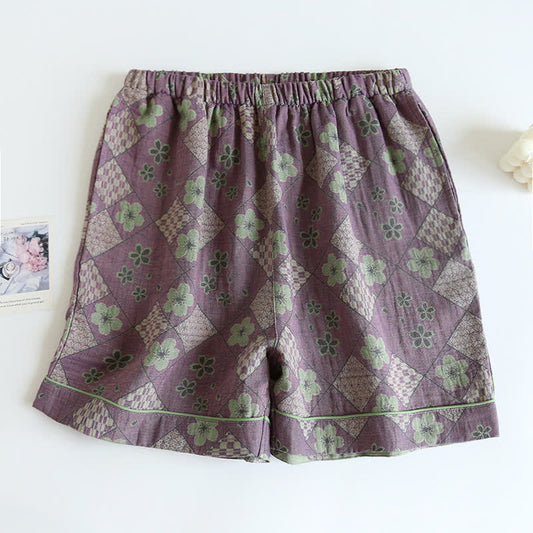 Pyjama-Shorts aus reiner Baumwolle mit Schachbrettmuster und Blumenmuster