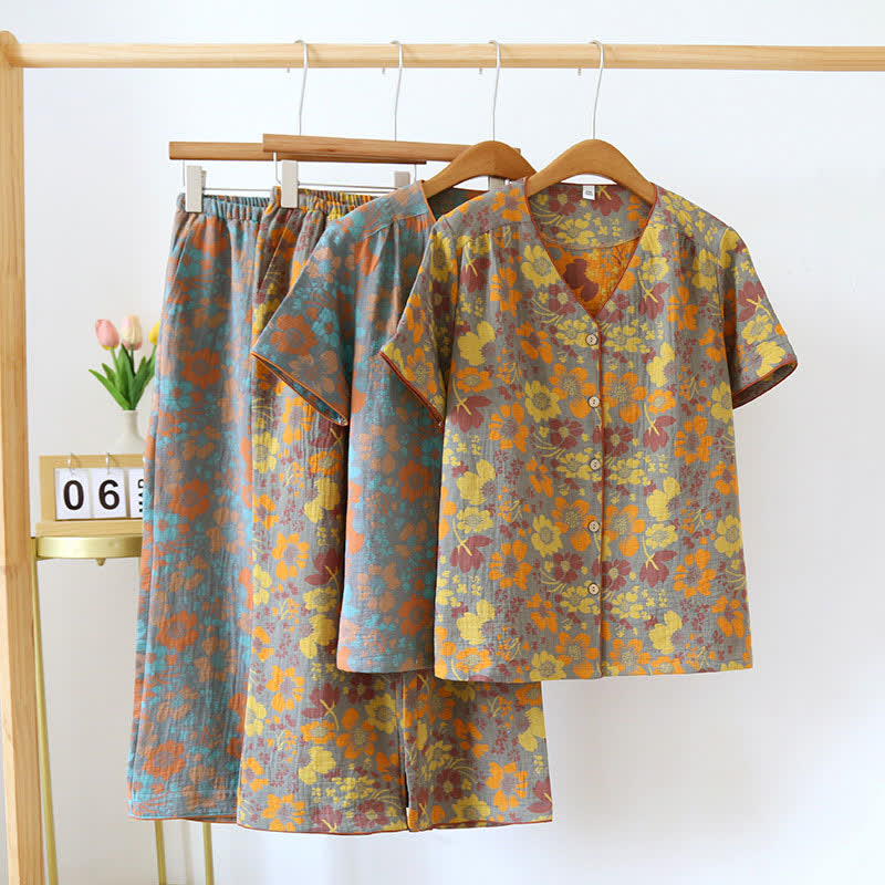 Loungewear aus Baumwolle mit V-Ausschnitt und auffälligem Blumen-Jacquardmuster