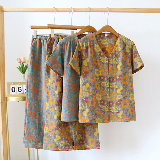 Loungewear aus Baumwolle mit V-Ausschnitt und auffälligem Blumen-Jacquardmuster