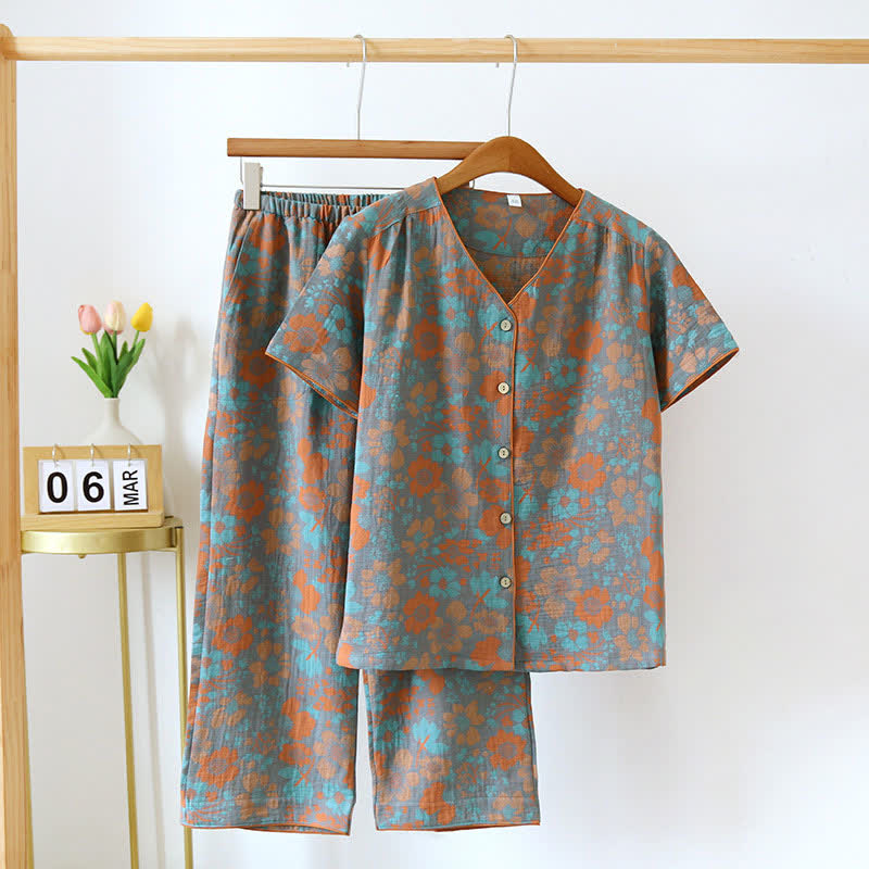 Loungewear aus Baumwolle mit V-Ausschnitt und auffälligem Blumen-Jacquardmuster