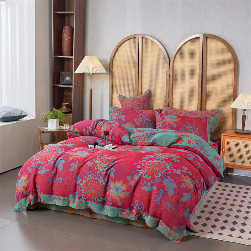 Luxuriöses Jacquard-Bettwäscheset aus Baumwollgaze mit Blumenmuster (4-teilig)