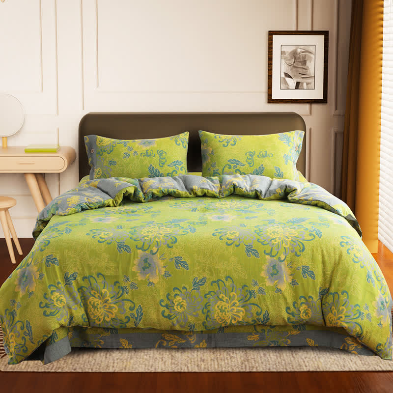 Luxuriöses Jacquard-Bettwäscheset aus Baumwollgaze mit Blumenmuster (4-teilig)