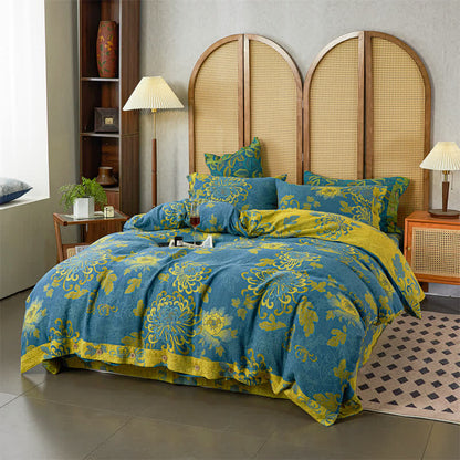 Luxuriöses Jacquard-Bettwäscheset aus Baumwollgaze mit Blumenmuster (4-teilig)