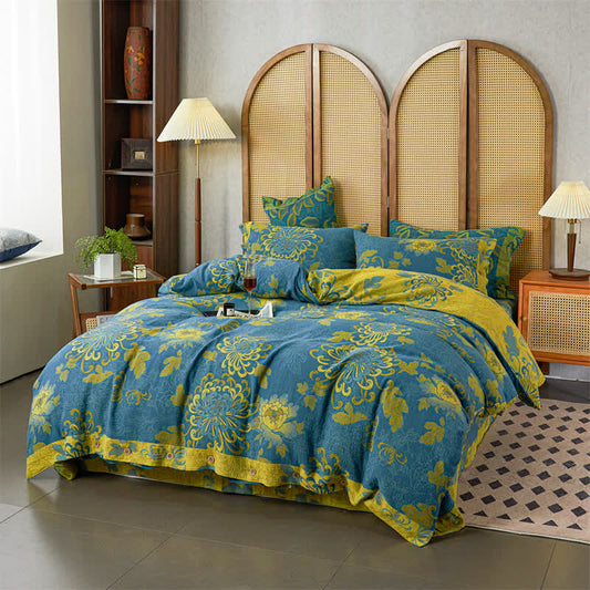 Luxuriöses Jacquard-Bettwäscheset aus Baumwollgaze mit Blumenmuster (4-teilig)