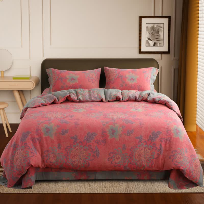 Luxuriöses Jacquard-Bettwäscheset aus Baumwollgaze mit Blumenmuster (4-teilig)