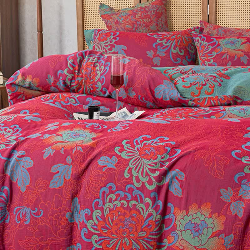 Luxuriöses Jacquard-Bettwäscheset aus Baumwollgaze mit Blumenmuster (4-teilig)