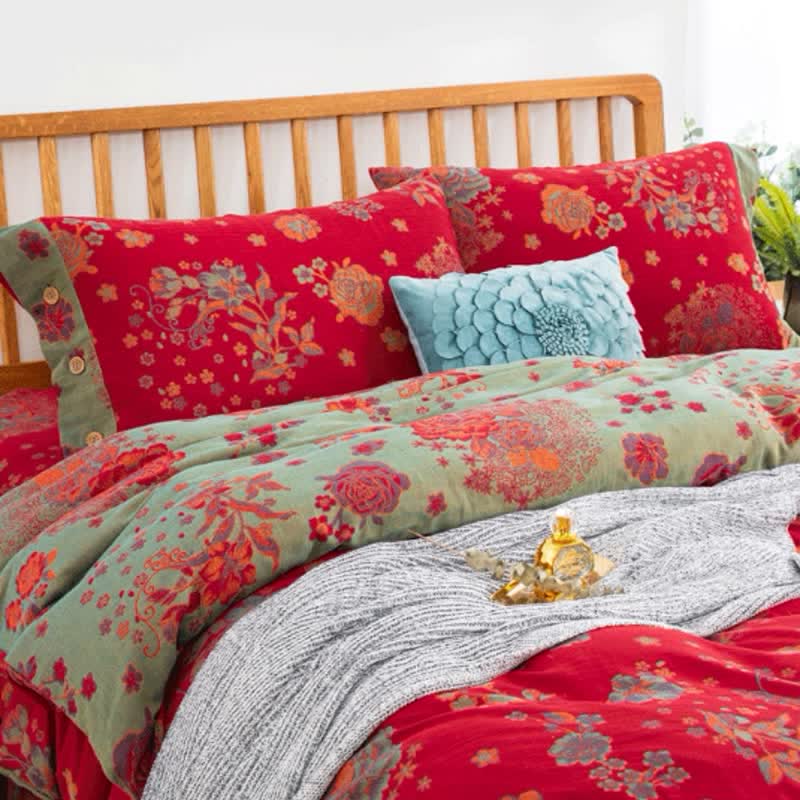 Jacquard-Bettwäscheset aus Baumwollgaze im rustikalen Rosen-Design (4-teilig)