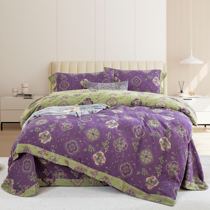 Doppellagiges Bettwäscheset aus Baumwollgaze mit Blumenmuster (4-teilig)