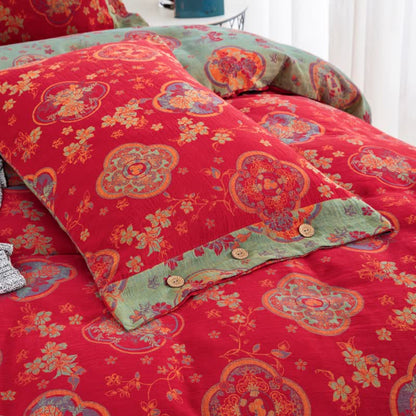 Doppellagiges Bettwäscheset aus Baumwollgaze mit Blumenmuster (4-teilig)