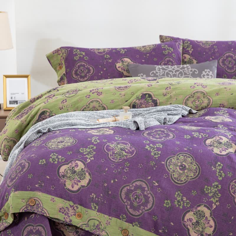 Doppellagiges Bettwäscheset aus Baumwollgaze mit Blumenmuster (4-teilig)