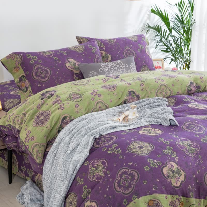 Doppellagiges Bettwäscheset aus Baumwollgaze mit Blumenmuster (4-teilig)