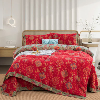 Doppellagiges Bettwäscheset aus Baumwollgaze mit Blumenmuster (4-teilig)