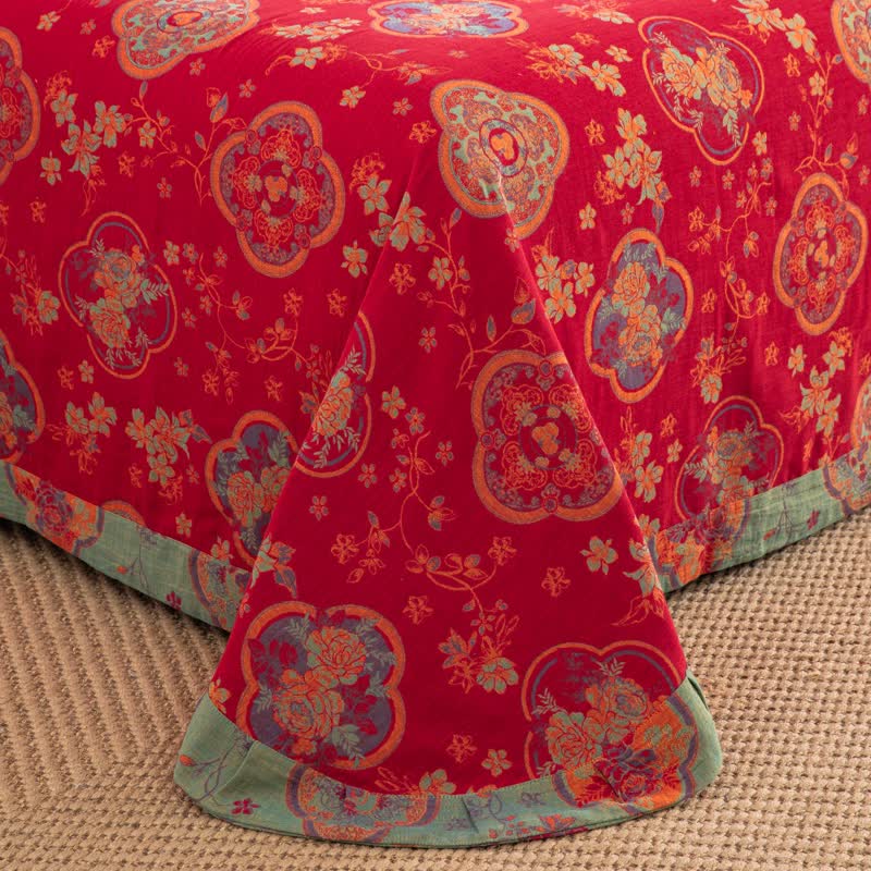 Doppellagiges Bettwäscheset aus Baumwollgaze mit Blumenmuster (4-teilig)