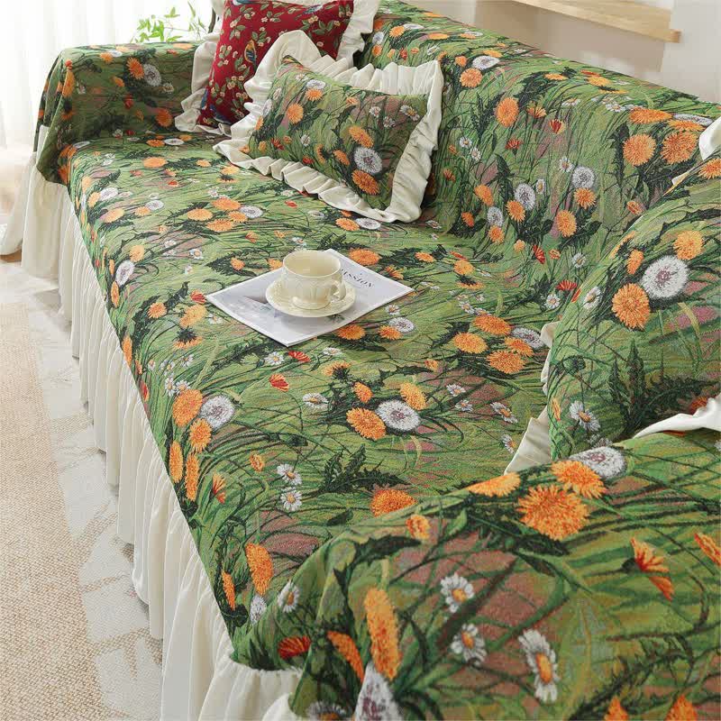 Sofabezug mit Rüschen im ländlichen Löwenzahn-Design