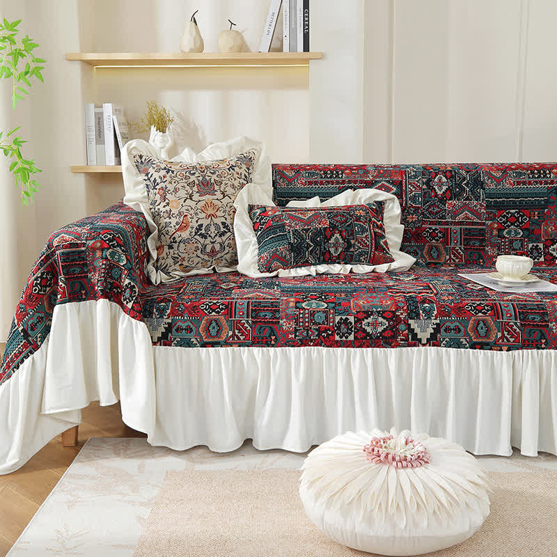 Boho Vintage Geometrischer Rüschen-Sofabezug
