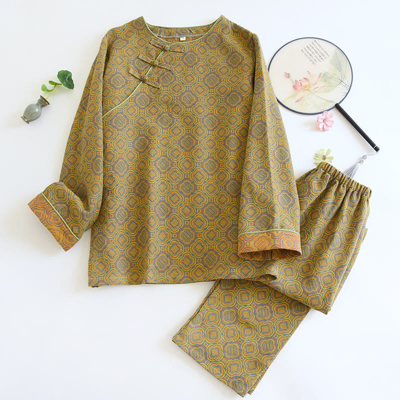 Atmungsaktives Pyjama-Set aus Baumwolle mit Retro-Froschknopf