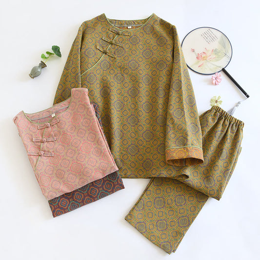 Atmungsaktives Pyjama-Set aus Baumwolle mit Retro-Froschknopf