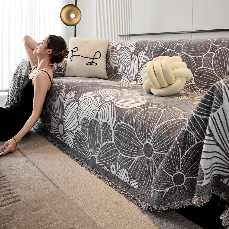 Sofaschoner aus Chenille-Jacquard mit blühendem Blumenmuster