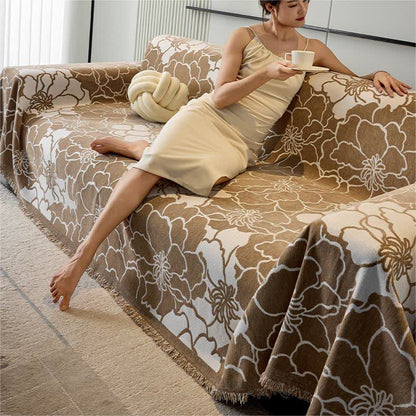 Sofaschoner aus Chenille mit Blumenmuster und weichen Quasten